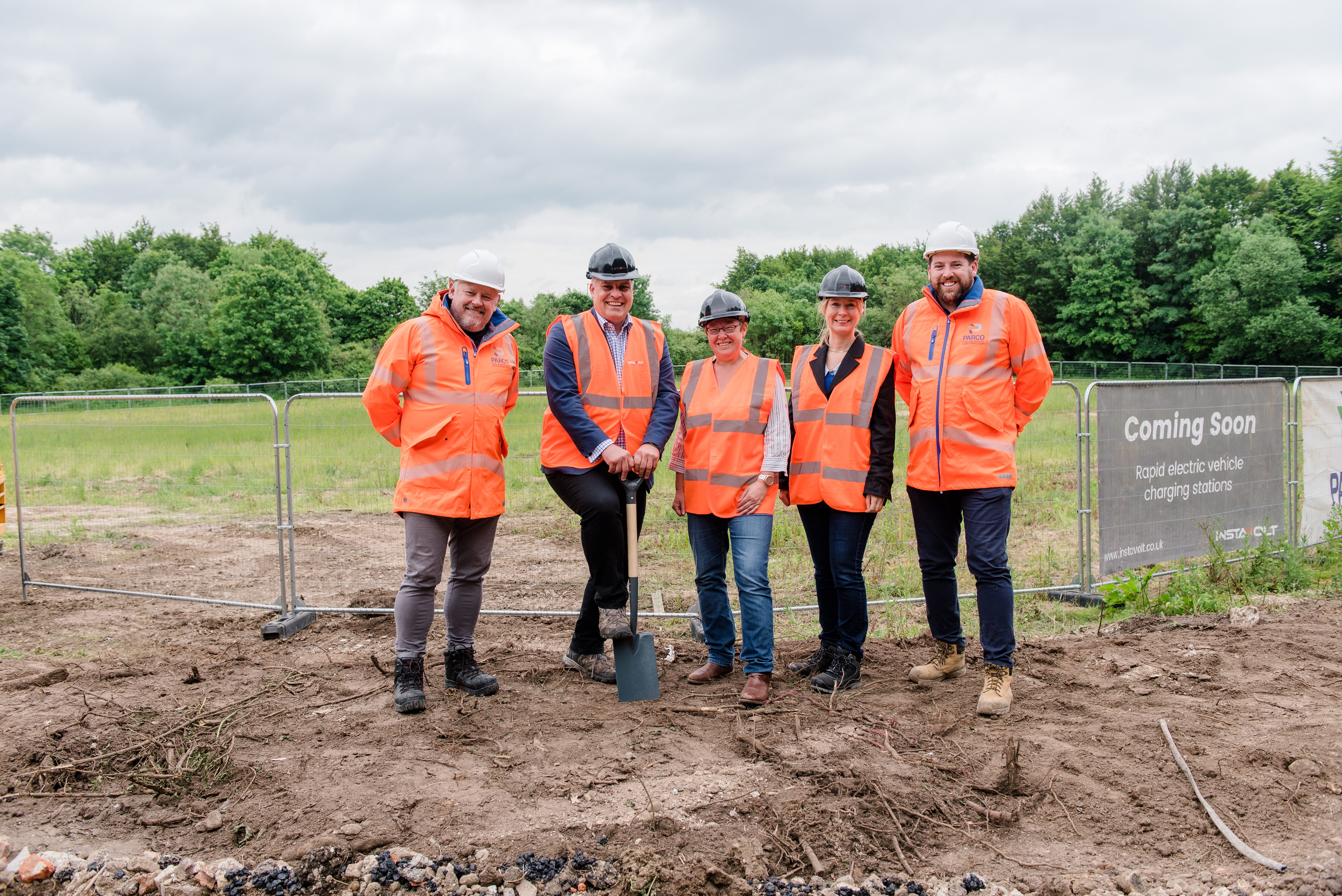(Left to right)  Michael Hand, Managing Director of Parco civil engineering and groundworks limited    Delvin Lane, CEO of InstaVolt  Cllr Kelsie Learney, Cabinet Member for Climate Emergency, Winchester City Council  Lily Coles, Hub Development Director