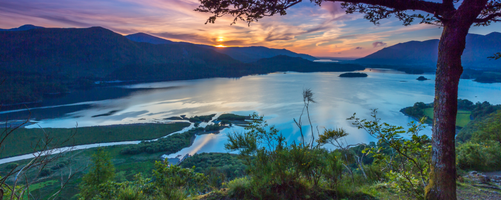 Sunset from Surprise View looking over both Derwent Water and Bassenthwaite