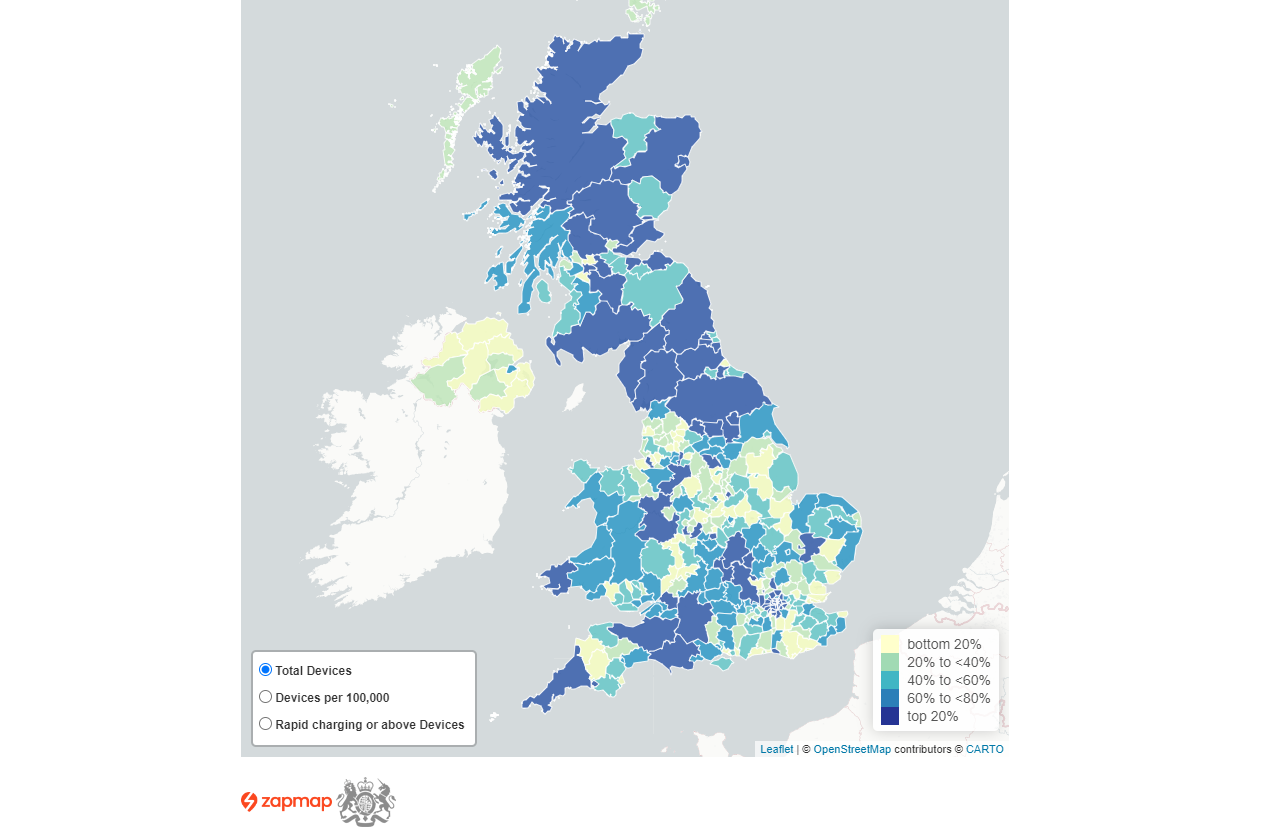 The DfT leverages Zapmap data to produce its map showing the density of charging devices by local authority